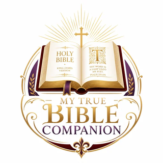My True Bible Companion logo: an open King James Bible with a cross, in gold on deep purple