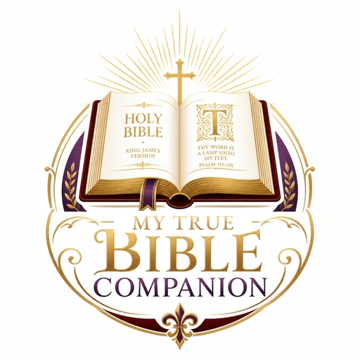 An open King James Bible with a cross above it, in gold on deep purple &mdash; the emblem of My True Bible Companion